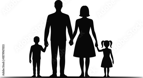 Simple black silhouette of a traditional family holding hands on a white background with a baseline