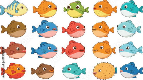 Collection of Cute Puffer Fish Icons Featuring Various Colors Patterns and Spiky Designs in Detailed Flat Vector Illustration Set for Marine Life.