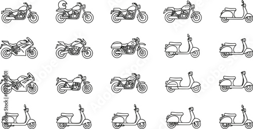 Collection of Motorcycle and Scooter Outline Icons Featuring Sport Bikes Cruisers and Classic Vespas in a Minimalist Black Line Art Vector Illustration Set.