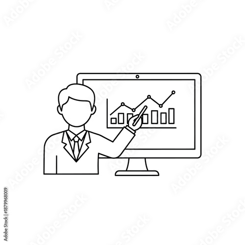 Man presenting data on computer screen.