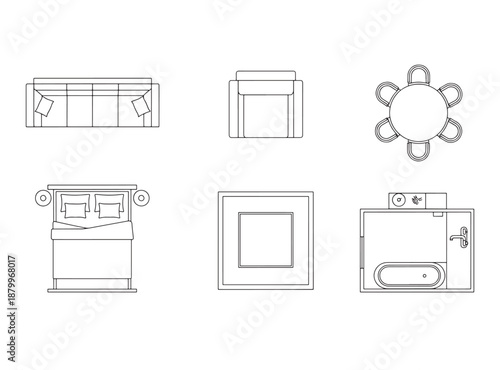Furniture Outline Top View Icons Set – Thin Line Floor Plan Symbols for Interior & Architecture