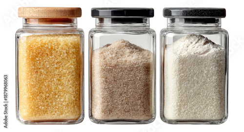 Isolated Glass Jars with Different Sugar Varieties on Transparent Background