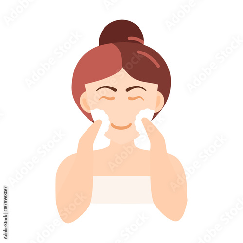 Woman washing her face on white background.