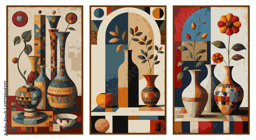 Minimalist geometric vase posters. Modern abstract pottery with botanical elements and colorful shapes. Creative artistic wall art vector set.