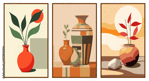 Set of minimalist bohemian posters with terracotta vases, organic leaves, and abstract shapes. Earthy tones botanical wall art illustration.