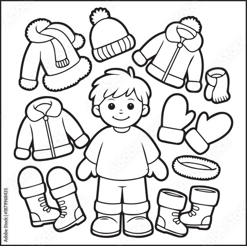 Boy with winter clothes icon set cute kids dress-up coloring page black line art vector illustration