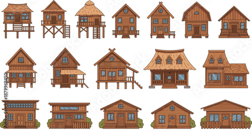 Collection of Rustic Wooden House and Cabin Icons Featuring Stilt Designs Traditional Huts Slanted Roofs and Modern Timber Cottages in Flat Vector Illustration.