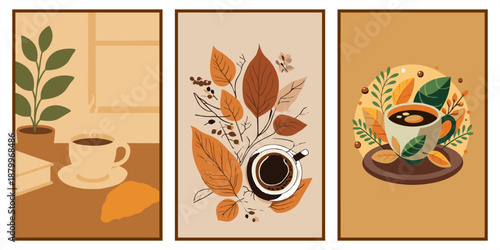 Cozy autumn coffee illustration set in flat aesthetic style. Minimalist fall leaves, warm beverage, and home hygge vibes for seasonal decor.