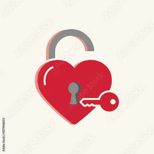 A red heart-shaped padlock with an open shackle and a key unlocking it, symbolizing love and security, illustration, isolated view
