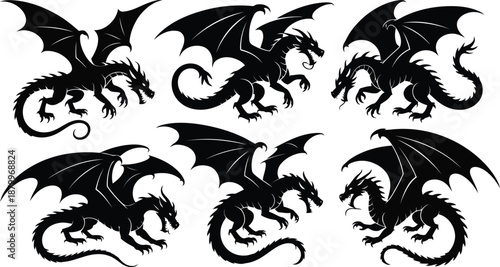 Six majestic black dragon silhouettes with widespread wings and open mouths stand ready for battle