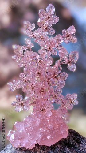 Ethereal Pink Crystal Blossom Branch with Faceted Petals, Sparkling on a Raw Rose Quartz Cluster and Dark Stone