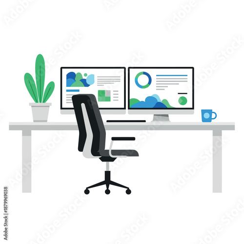 Modern Office Workspace with Computer Monitors.