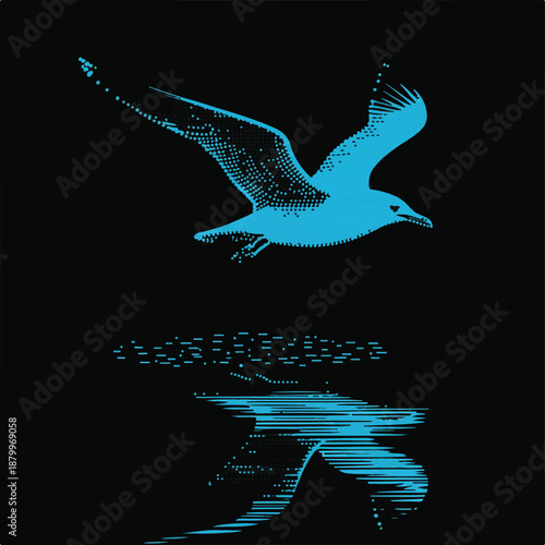 Seagull Flying Over Water Reflection Halftone Dots Blue bird flight
