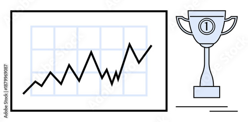 Business success. Business chart reflecting growth alongside a trophy achievement and first-place recognition. Business success in finance, performance, goals, professional awards, leadership
