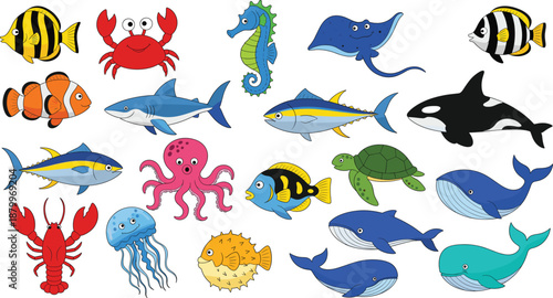 Collection of colorful sea creatures including sharks, whales, dolphins, octopus, and tropical fish for marine biology education and underwater ocean themed graphic design.