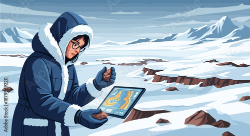 Scientist using tablet in snowy landscape