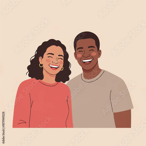 Illustration of a smiling couple standing together, viewed from the front, in a friendly pose, with clear facial expressions