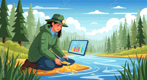 Woman Analyzing Water Quality by the Riverbank with Laptop