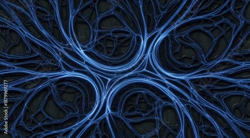 Abstract Blue Glowing Intertwined Neural Network on Dark Background. 4k slow motion.