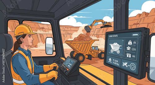 Female Construction Worker Operating Heavy Machinery in Quarry