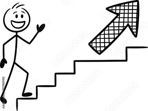 Smiling stick figure person waving while steadily climbing steps next to an upward trend arrow