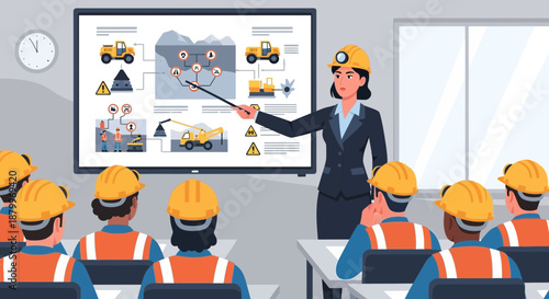 Female Safety Officer Training Construction Workers in a Meeting