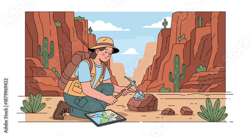 Geologist Examining Rock Formation in Desert Landscape