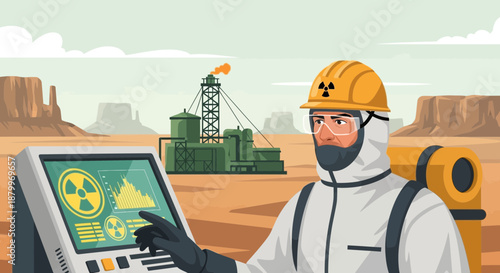 Scientist in Hazmat Suit Monitoring Radiation Levels in Desert