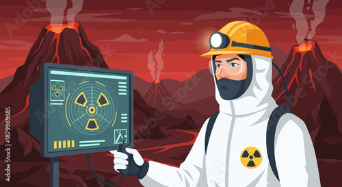 Scientist in protective suit analyzing radiation levels in volcanic landscape