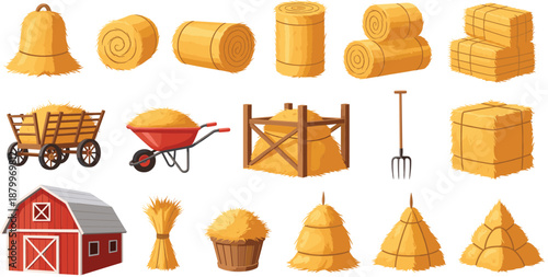 Comprehensive Agriculture Hay Icon Set Featuring Haystacks Bales Barn Pitchfork Wheelbarrow and Farm Storage Elements in Vibrant Flat Vector Illustration Design.