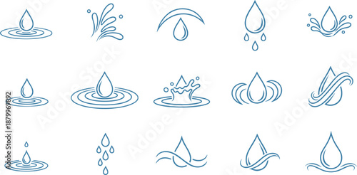 Set of blue water drop line icons with ripples and splashes isolated on white for environment, plumbing, spa, purity, and beverage branding.