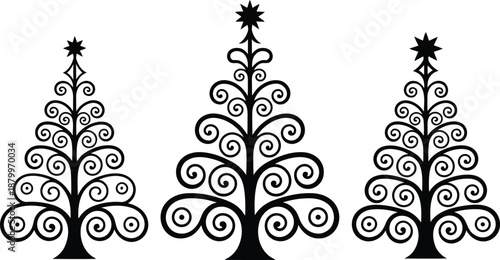 Stylized black Christmas trees crafted from elegant scroll patterns, each adorned with a star on top