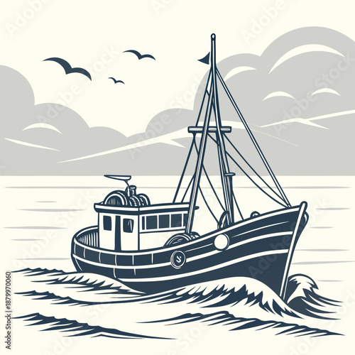 Sailing fishing boat on waves