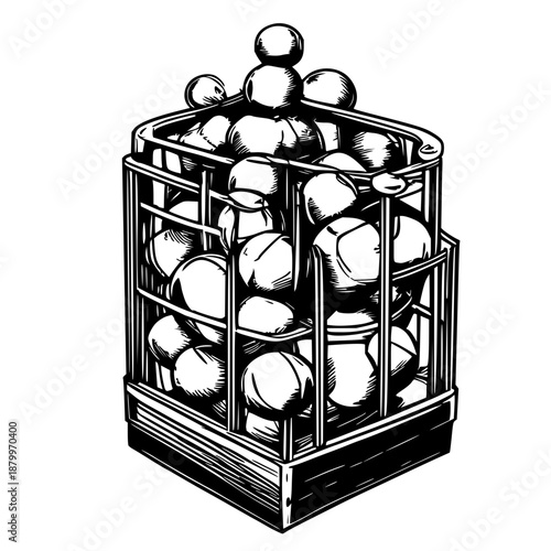 Detailed black line art illustration of a classic bingo cage with colorful cue balls shown inside a minimalist white background