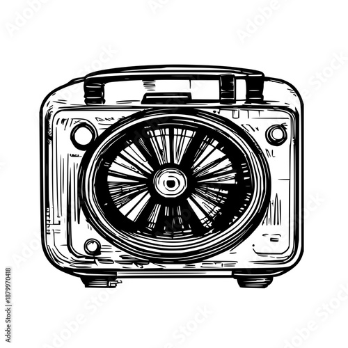 Black line drawing of transistor radio dial on crisp white background, ideal for tech, music, and electronics design projects