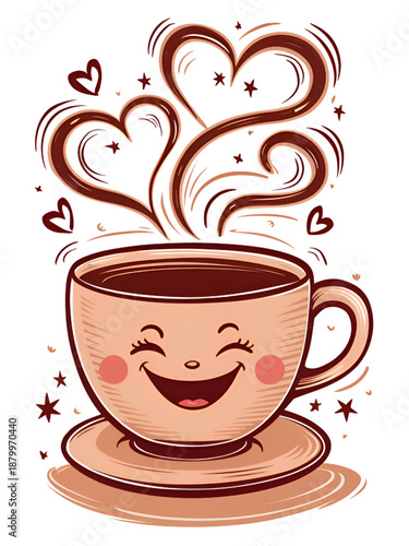 Smiling Coffee Cup with Heart-Shaped Steam