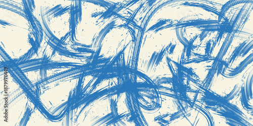 Dynamic diagonal blue brush stroke banner background. Hand drawn vector grainy brush stroke texture. Distress damaged edge vintage template with squiggle or expressive abstract bold smears.