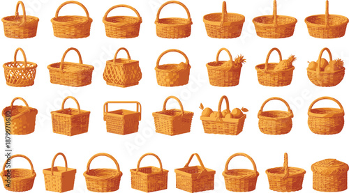 Collection of Woven Wicker Basket Icons Featuring Various Shapes Handles and Designs for Picnic Storage and Fruit Harvesting in Flat Vector Illustration Set.