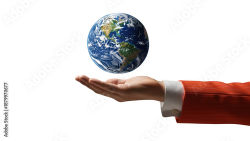 Business hand in red suit sleeve holding floating earth planet globe isolated on transparent background