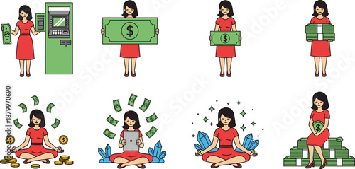 Business woman character set managing money and wealth with cash bank notes and ATM machine icons for financial success and investment concepts.