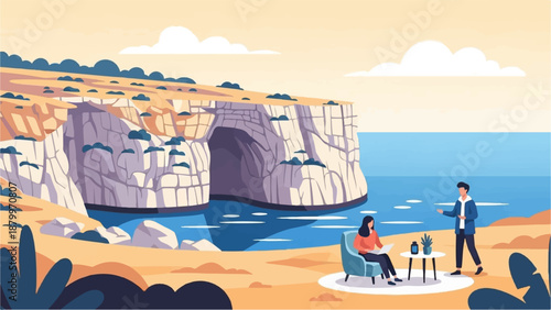Couple on beach with cliff, sea, and plants