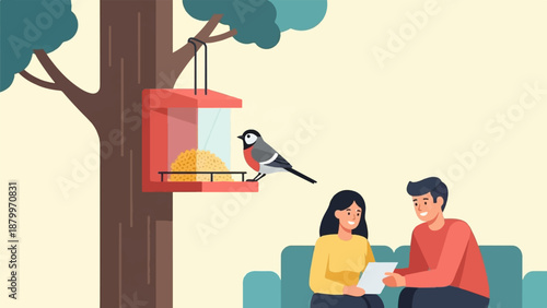 Couple on couch watches bird at feeder on tree