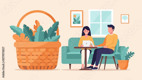 Couple on couch with laptop and decorative basket