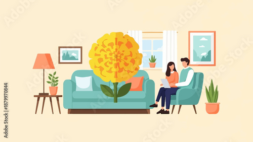 Couple on couch with giant flower and laptop in cozy living room