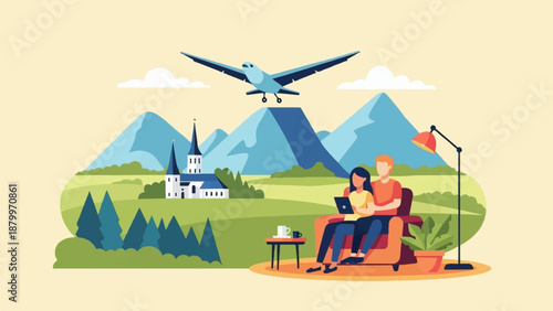 Couple on couch with laptop, overlooking a serene landscape