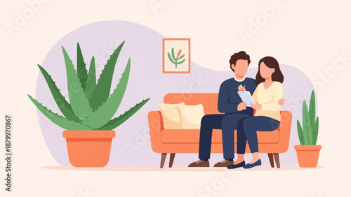 Couple on couch with plants and wall art, reviewing document
