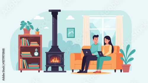 Couple on couch with laptops near fireplace and bookshelf