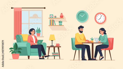 Cozy home scene with people working remotely and interacting