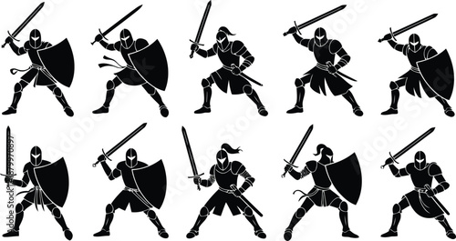Ten powerful black silhouettes depict medieval knights in various action poses with swords and shields
