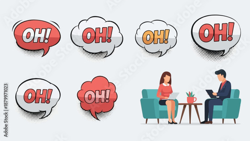 Comic style speech bubbles with "OH!" text and two people in a meeting
